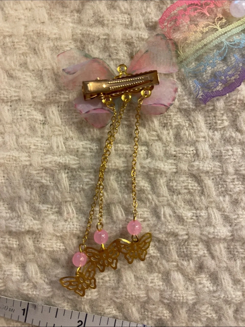 Rainbow Lace Bow Hair Clip with Pearl Accents